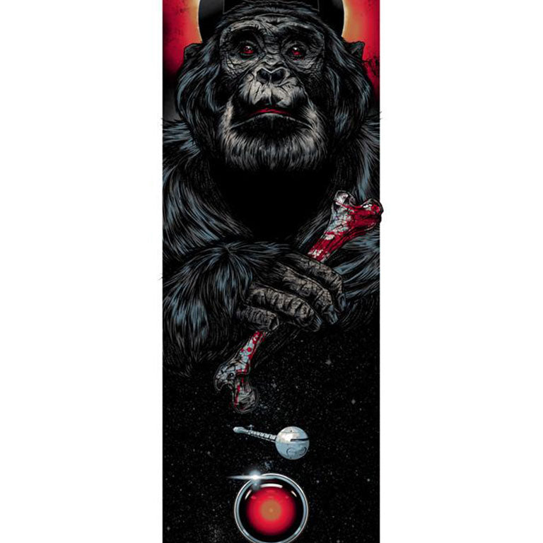 A futuristic ape in Rhys Coopers style holds a blood-stained bone against a vivid red celestial backdrop; below, a black monolith, moon, and red planet create a stunning screenprint art titled Moon-Watcher.