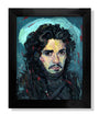 This framed archival pigment print depicts a man with wavy hair and a serious expression, featuring an abstract and colorful style reminiscent of Rich Pellegrino. It uses blue, green, and red shades with bold brush strokes for a dramatic effect.