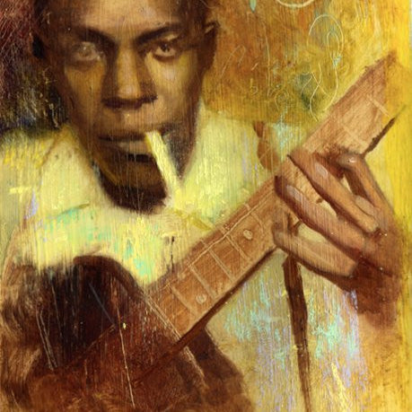 This Rod Luff-inspired painting depicts a guitarist at the crossroads, their intense focus highlighted against textured brushstrokes. A cigarette between their lips enhances the ambiance, while the oil and pastel on paper technique delivers warm tones for an expressive feel.