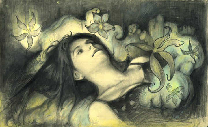 A grayscale pencil illustration of a woman reclining with flowers blooming around her head, featuring swirling shapes and soft lighting for a dreamy, ethereal quality in the style of Rod Luff.