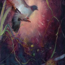 A mystical scene features two birds soaring against a vibrant, swirling backdrop in purple, pink, and blue hues. A glowing heart-shaped light nestles among abstract branches below. This artwork is a beautiful example of the creativity of Rod Luff.