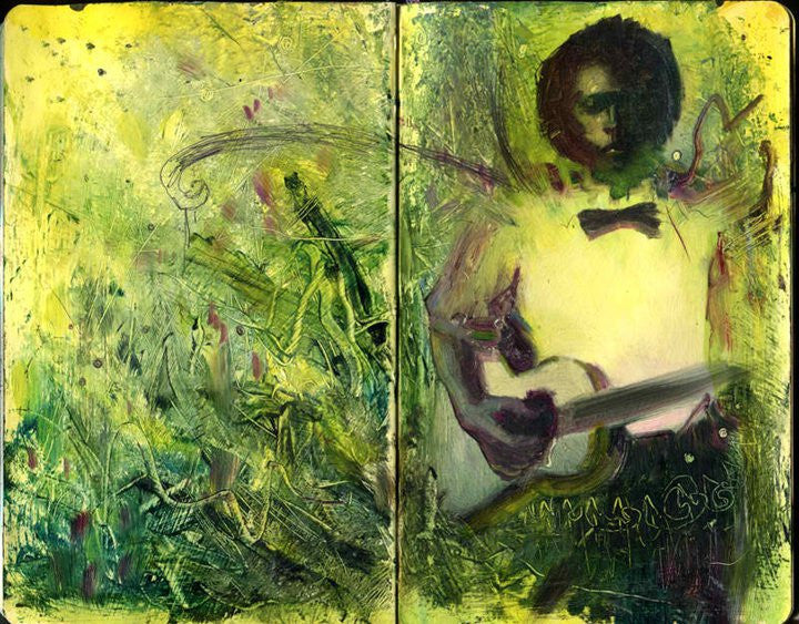 Abstract painting by Rod Luff depicts a dreamlike scene of a guitarist blending into a swirling, organic backdrop with green and yellow hues. The textured flow highlights the artists skill with double-sided oils.