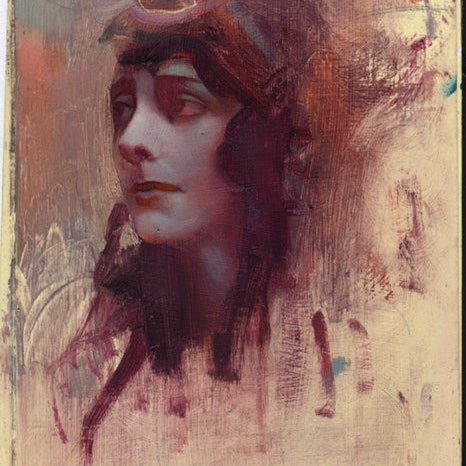 A portrait of a woman with closed eyes, painted in rich oils, features an enigmatic expression and abstract head patterns. The Rod Luff-inspired background is textured with earthy tones that blend seamlessly with the figure.