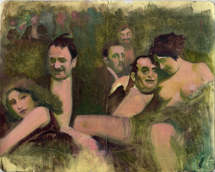 An abstract painting by Rod Luff displays six people in a dreamlike scene with muted colors. The figures fluidly merge, featuring two prominent women in the foreground, embraced by faint details akin to an oil on paper study.