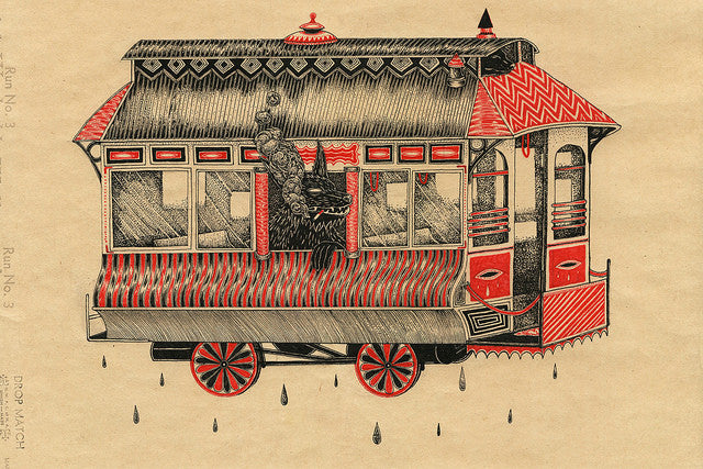 Cannon Dill presents a whimsical, vintage train car illustration in pen and ink. It features intricate patterns and a black, fur-clad character riding it. Adorned in red, black, and beige, this fantastical design captures the essence of a Local Tourists journey.