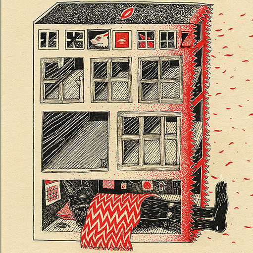 A building illustration, split to show a person with feet visible, is styled like Cannon Dills pen and ink work. The interior has red and black patterns and objects in compartments.