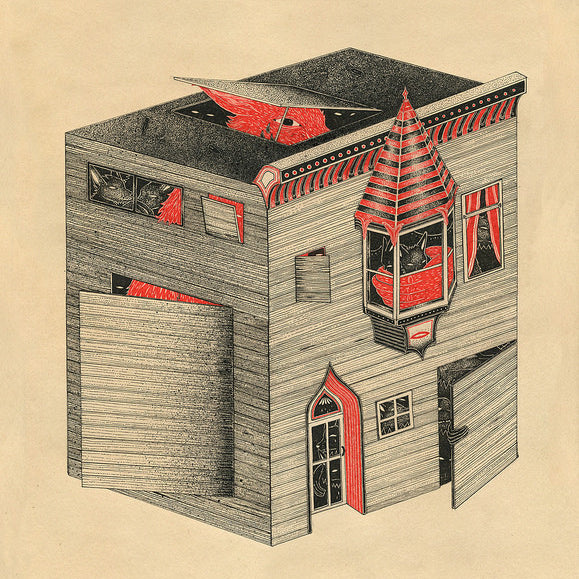 Surreal artwork by Cannon Dill of a custom-framed cube-shaped house with a conical tower. The pen and ink piece has openings with velvet curtains and a red table; parts of a boat peek through the roof, merging architectural and nautical elements in whimsical harmony.