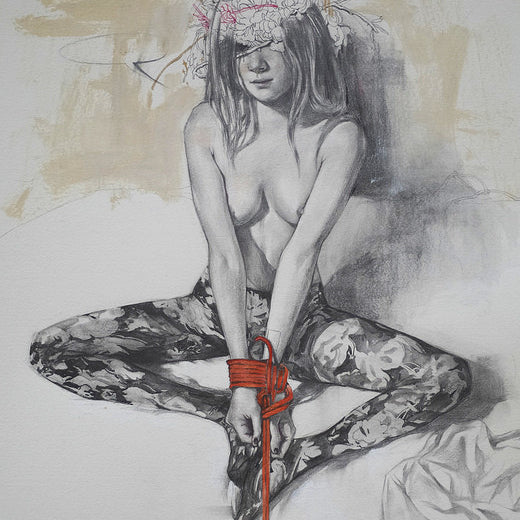 A Helice Wen grayscale mixed media piece shows a cross-legged woman with her wrists bound by red rope, wearing floral-patterned leggings and a flower crown. Her hair covers her eyes against a beige and white backdrop.