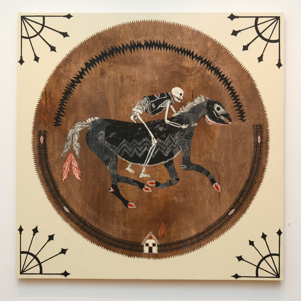 A stylized artwork by Cannon Dill, Ride or Die, depicts a skeleton on horseback in a circular tribal pattern. It is set on an acrylic wood panel with a geometric background adorned with arrows and small house shapes at the corners.