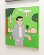A whimsical painting on acrylic canvas, in Joan Cornellàs reminiscent style, shows a bearded person in a gray suit smiling. The background is a bright green landscape with trees and clouds resembling hairy teardrops, complete with the artists signature.
