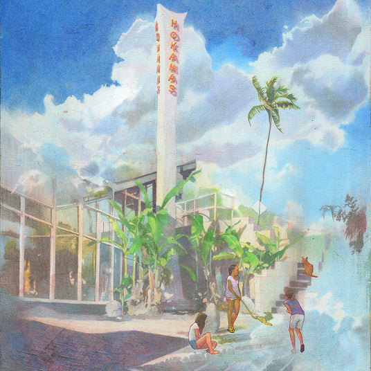 A vibrant illustration reminiscent of Edwin Ushiro depicts people near a modern building with a tall Hoxama sign, surrounded by lush greenery, a clear blue sky, and a central palm tree, evoking the lively ambiance of a Supersonic Invitational.