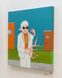 The painting, in Joan Cornellàs style, features a smiling figure in a white suit, sunglasses, and cap with an oversized hand against geometric buildings. The bright blue sky backdrop captures the essence of Untitled #10 using acrylic on canvas.