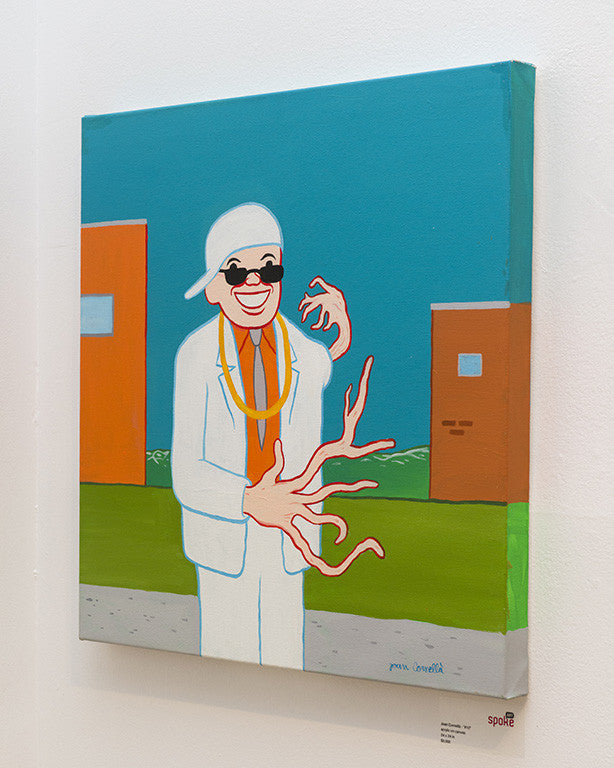 The painting, in Joan Cornellàs style, features a smiling figure in a white suit, sunglasses, and cap with an oversized hand against geometric buildings. The bright blue sky backdrop captures the essence of Untitled #10 using acrylic on canvas.