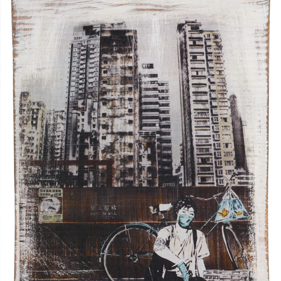In an urban scene with a stylized art effect, a person sits before a bike amidst skyscrapers and a wall adorned with Radio Kowloon posters. The artwork evokes Eddie Collas signature style, merging photography and painting into a textured, washed-out look.