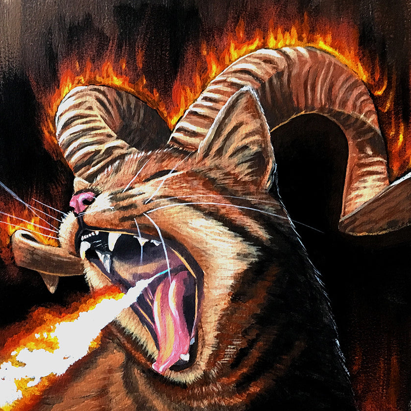 In the Lord of the Thrones exhibition, Robert Bowens acrylic painting on a wood panel depicts a mythical horned cat with striped fur and closed eyes, encircled by flames as it breathes fire, creating an intense and dramatic scene.