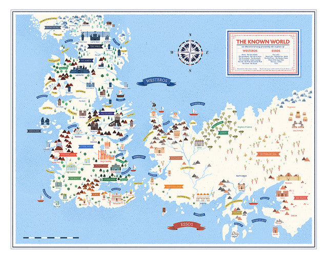 A stylized digital art print by Maria Suarez-Inclan features a fictional world map honoring George R.R. Martin, with Westeros on the left and Essos on the right. Key landmarks are illustrated, centered under The Known World, above which a compass rose is prominently featured.