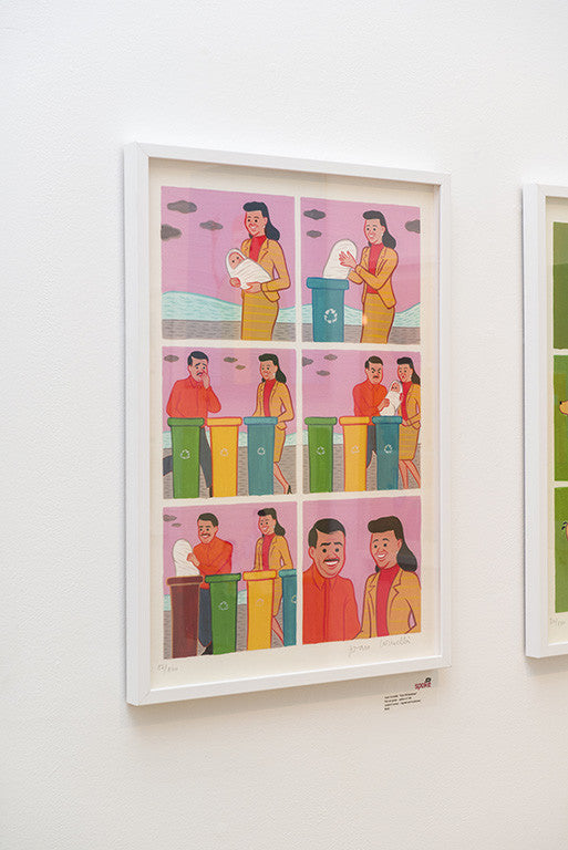 A limited edition fine art giclee piece by Joan Cornellà humorously depicts a person disposing of trash in colorful, quirky bins set against a pink clouded backdrop, capturing whimsical interactions.