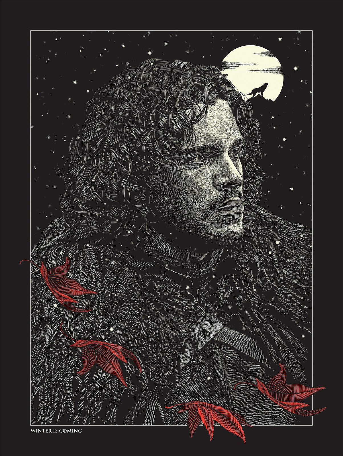 A screen print by Guillaume Morellec shows a curly-haired man in a cloak, thoughtfully gazing to the side as red leaves drift around him. Set against a starry sky with a full moon and wolf silhouette, the piece features Winter is Coming, inspired by George R.R. Martins world.