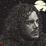 This screen print by Guillaume Morellec features a solemn, curly-haired man in a winter scene, reminiscent of George R.R. Martins tales. Snow falls as he faces right to the howling wolf silhouette under a starry sky with Winter is Coming resonating in the dark backdrop.