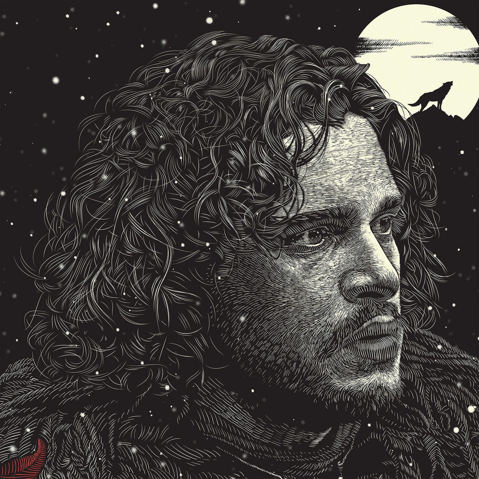 This screen print by Guillaume Morellec features a solemn, curly-haired man in a winter scene, reminiscent of George R.R. Martins tales. Snow falls as he faces right to the howling wolf silhouette under a starry sky with Winter is Coming resonating in the dark backdrop.