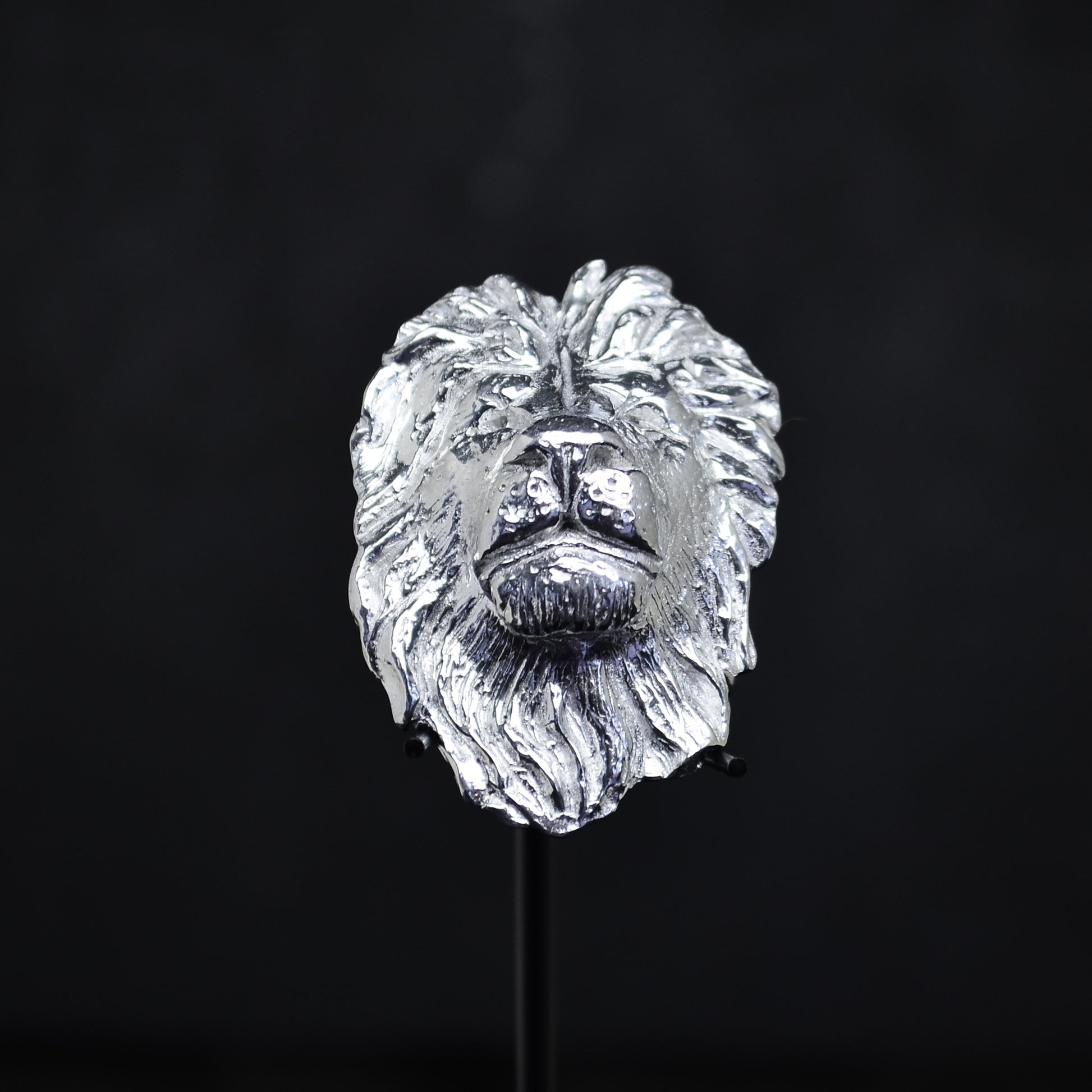 The Rebecca Rose silver lion head sculpture, featuring a detailed mane against a dark backdrop, exudes the elegance of art jewelry.