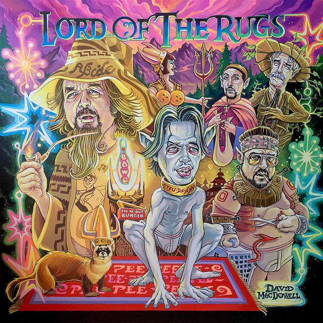 Lord of the Rugs by Dave MacDowell is a colorful acrylic on canvas at Spoke Art gallery, with cartoonish figures parodying movie characters. Bright costumes and props dominate the vivid background, as a small dog playfully frolics in the foreground.