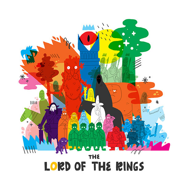 Nick Stokes vibrant archival pigment print, inspired by The Lord of the Rings, features colorful abstract illustrations with stylized characters, an eye, and a tower. It includes reds, greens, blues, and yellows with the title at the bottom. Available at Spoke Art Gallerys Lord of the Coloring exhibit.