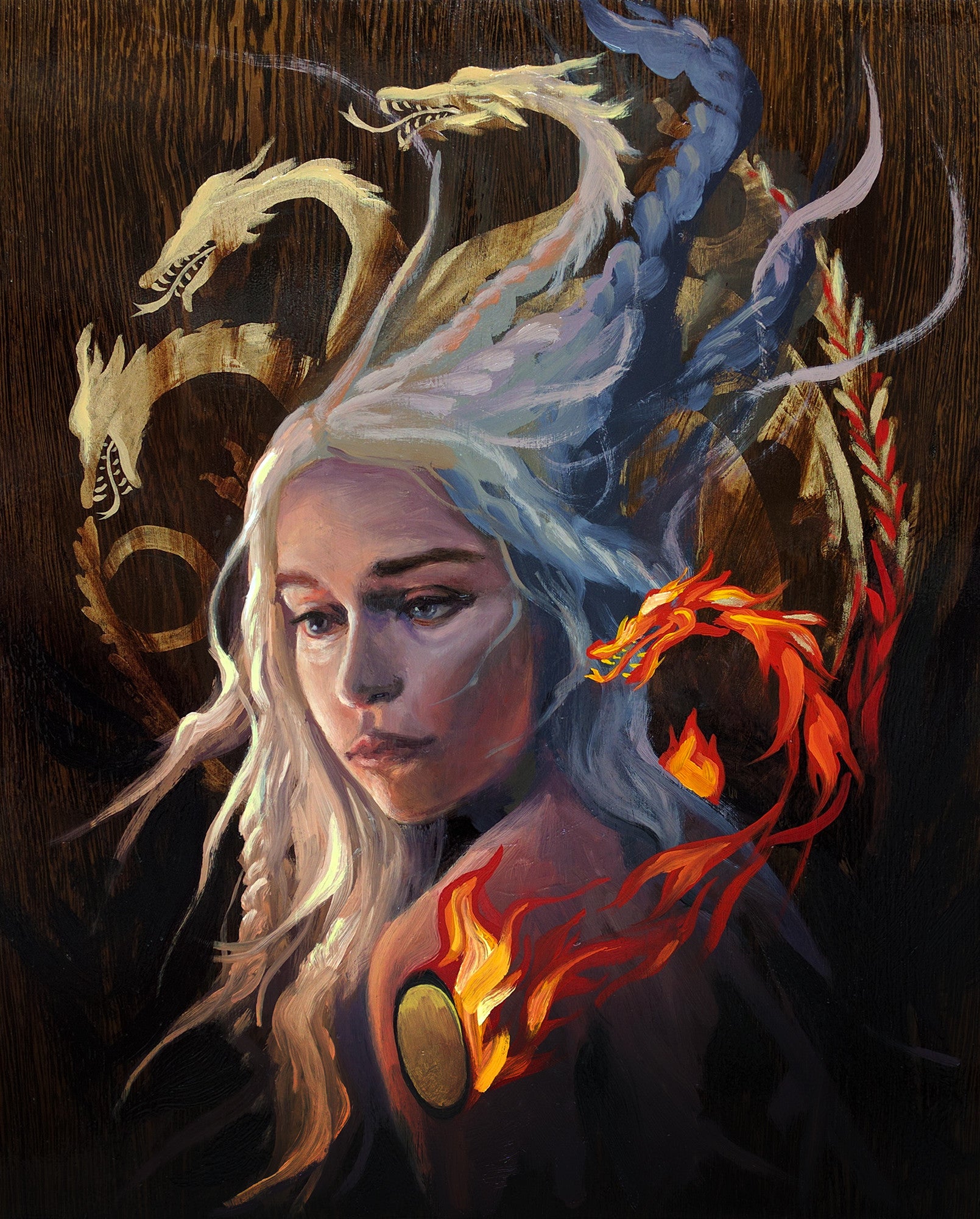 Amidst dragon figures and flames against a dark backdrop, a woman with long silver hair stands in a painterly, fantastical scene. This piece pays tribute to mythical themes, reminiscent of Gene Guynns stunning oil on board creations.