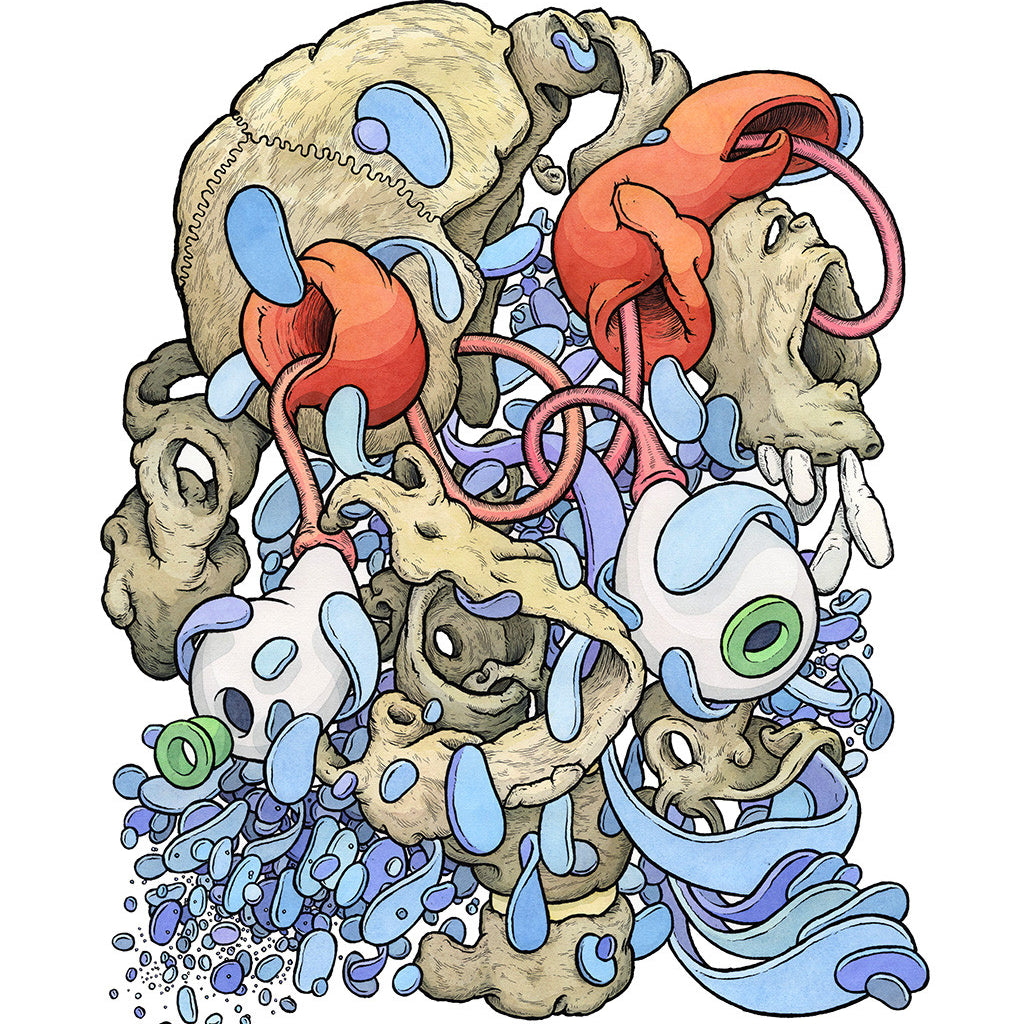 Surreal abstract artwork featuring interwoven skulls, eyeballs, and shapes in Scott Teplins style. Dominated by blue and orange hues with water droplets and dark outlines for depth, the piece reflects the dynamic motion seen in Suggestivism: Resonance.