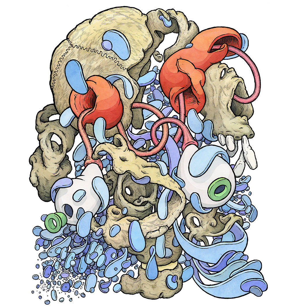 Surreal abstract artwork featuring interwoven skulls, eyeballs, and shapes in Scott Teplins style. Dominated by blue and orange hues with water droplets and dark outlines for depth, the piece reflects the dynamic motion seen in Suggestivism: Resonance.