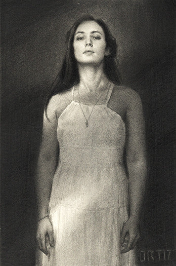 Charcoal drawing by Karla Ortiz: A woman with long hair in a sleeveless dress and necklace stands against a dark background for the La Fae exhibition, eyes slightly upward. Signed in the bottom right corner.