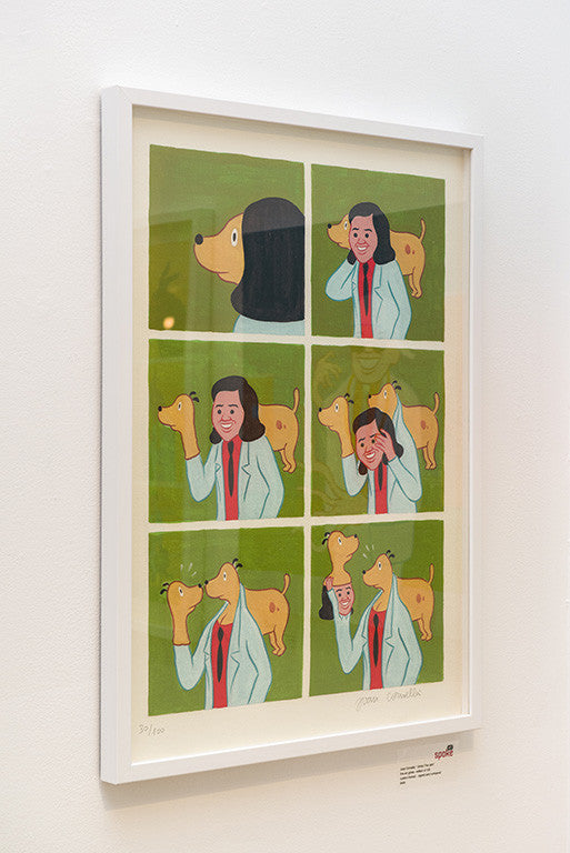 A framed artwork by Joan Cornellà features six panels of a cartoon character evolving into a dachshund, with a person in a blue shirt and red tie transforming amid vibrant green backgrounds, showcasing Cornellàs whimsical style.