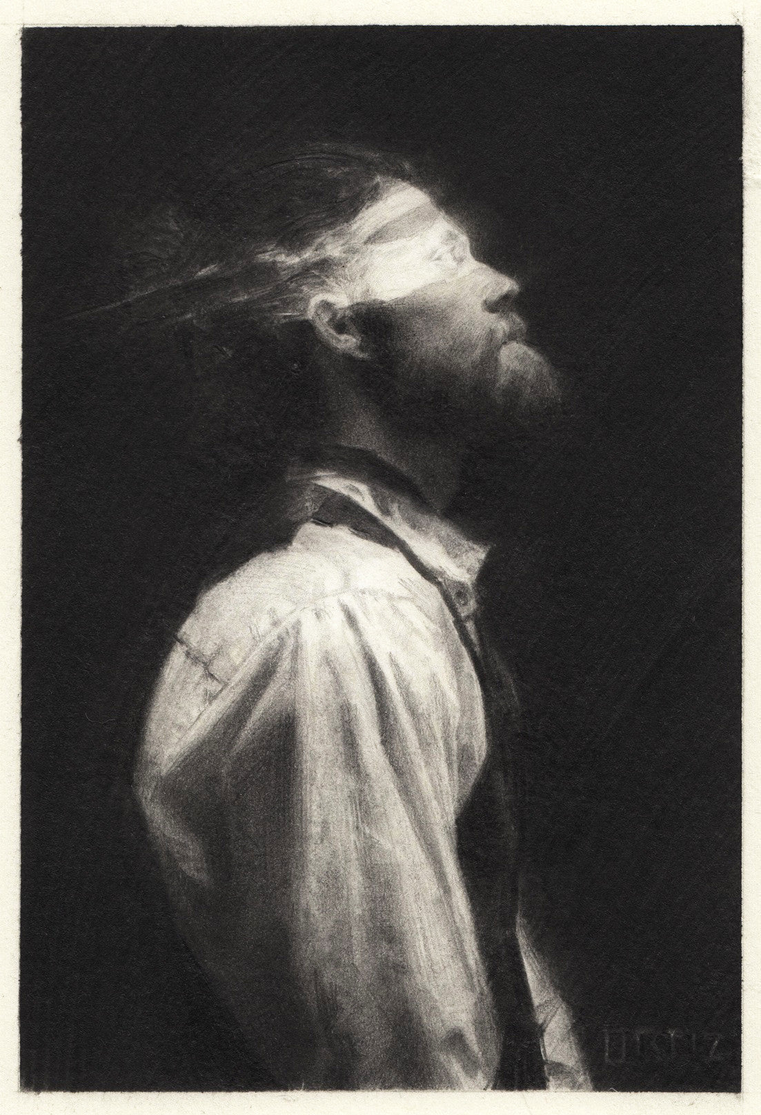 The portrait, styled in black-and-white like Karla Ortizs work, features a bearded person with a bun. Wearing a white shirt and suspenders, they gaze upward as light illuminates their face against the dark background, reminiscent of an evocative graphite on paper exhibition piece by Karla Ortiz.