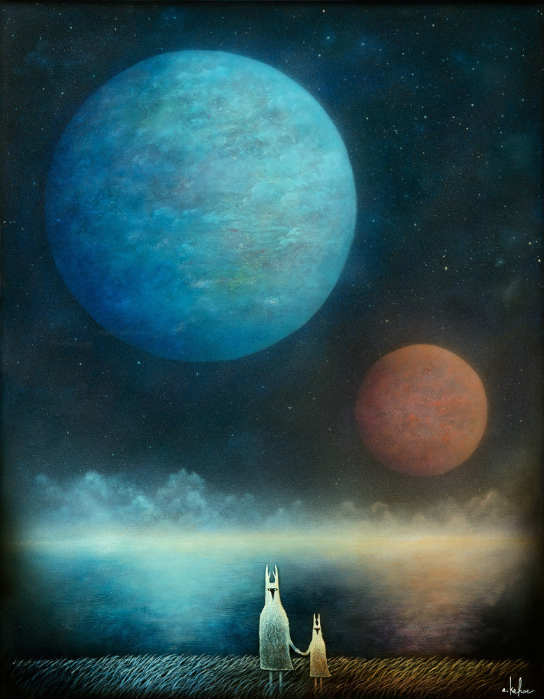 Two whimsical, fox-like creatures stand on a grassy shore, gazing at a vast ocean beneath a starry sky. Large blue and smaller reddish planets hover above, casting reflections and creating a dreamlike scene reminiscent of Suggestivism: Resonance by Andy Kehoe.