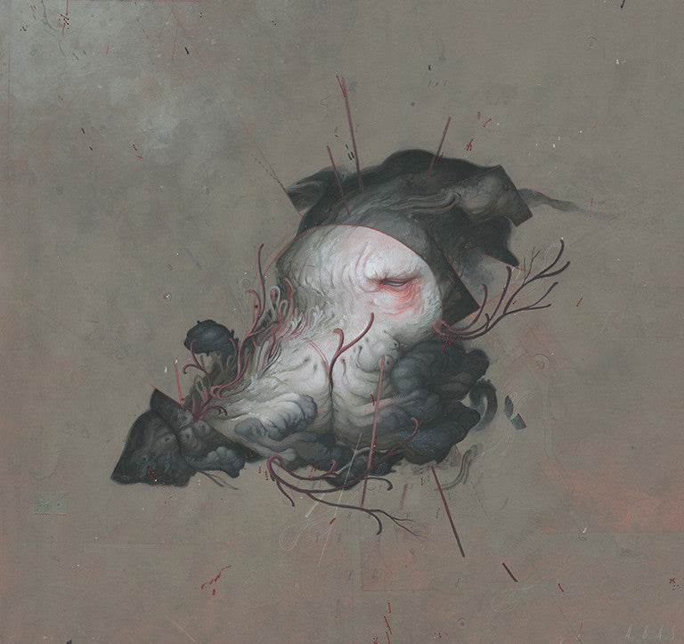 Allison Sommers abstract artwork showcases a distorted, mask-like face with swirling dark and red accents. Crafted in gouache and mixed media, the textured gray background enhances its mysterious allure, echoing Suggestivisms essence.