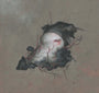 Allison Sommers abstract artwork showcases a distorted, mask-like face with swirling dark and red accents. Crafted in gouache and mixed media, the textured gray background enhances its mysterious allure, echoing Suggestivisms essence.