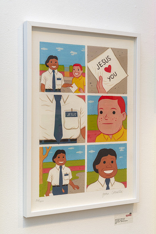 A framed comic-style artwork by Joan Cornellà includes panels: a man with a name tag Jesus <3 You, a smiling boy, a tie labeled Jesus, and a card stating Jesus loves you, all set against a grassy landscape and sky, created in fine art giclee quality.