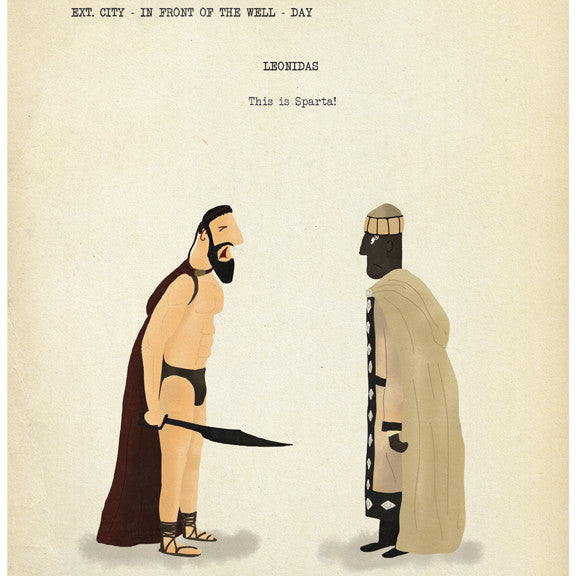 An illustration by Max Dalton features two characters facing each other: a bearded Spartan with a red cape and an individual in African-inspired attire. The text reads, Leonidas: This is Sparta! Hand-numbered giclee print designed for art enthusiasts.
