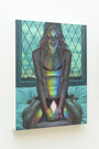 An acrylic painting depicts a woman sitting cross-legged on a bed, holding a glowing rainbow crystal that casts colorful reflections on her face and clothing. She is in front of a window featuring Casey Weldons signature geometric pattern.