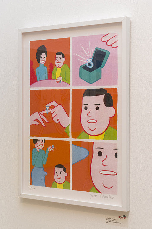 This Joan Cornellà fine art giclee (ed. of 100) depicts a comic-style proposal with a ring, showcasing the couples surprised faces and hands against vivid pink and orange backgrounds.