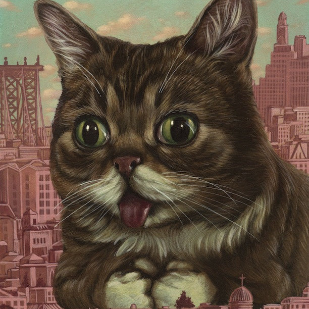 A whimsical illustration of a wide-eyed cat with its tongue out, echoing Lil Bub art, dominates a cityscape with tall buildings and a bridge under a cloudy sky. The playful charm perfectly captures Casey Weldons fine art giclee style.