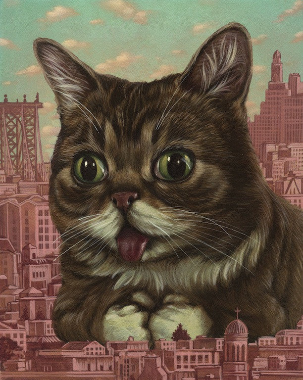 A whimsical illustration of a wide-eyed cat with its tongue out, echoing Lil Bub art, dominates a cityscape with tall buildings and a bridge under a cloudy sky. The playful charm perfectly captures Casey Weldons fine art giclee style.