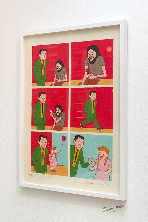 This custom-framed, comic-style artwork by Joan Cornellà features a humorous interaction between a suited man, a bearded man, and a child with a balloon across six panels in red and teal backgrounds, within a white frame.