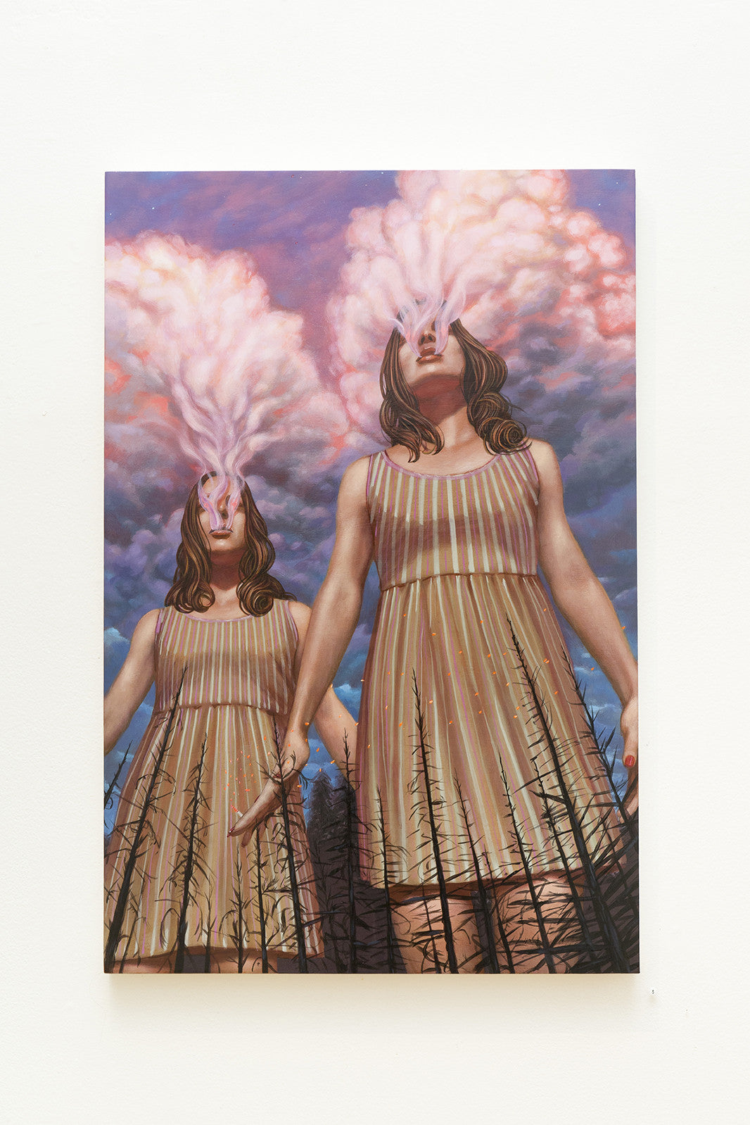 Casey Weldons surreal art features two women in striped dresses with cloud-filled heads against a dramatic sky. Painted in vibrant acrylic on wood, the piece captures tall grass swaying gently below.