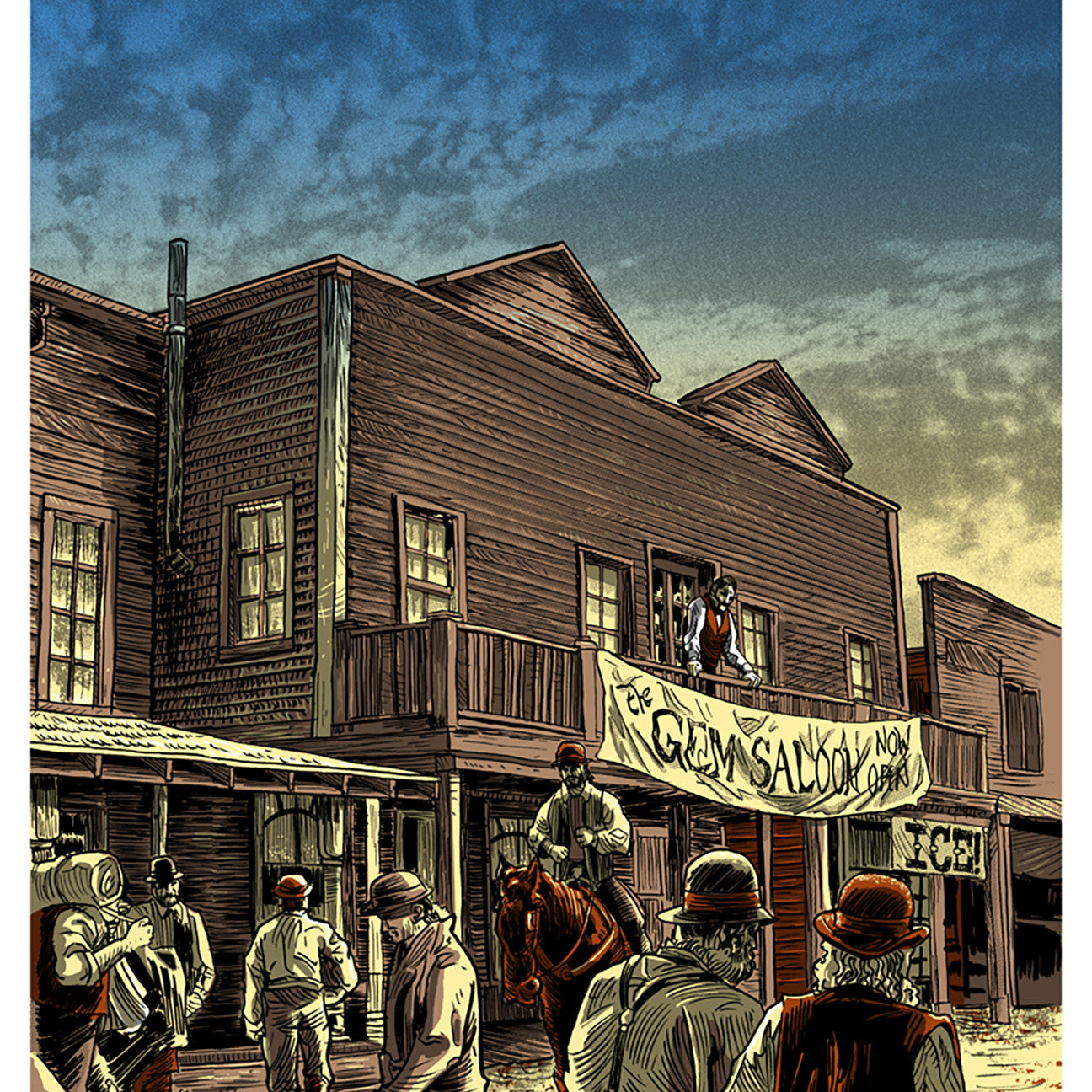 Tim Doyles screen print perfectly captures the essence of a historic Western town, with wooden buildings lining the streets and people in cowboy hats around the saloon. A silhouetted rider on horseback stands out against a sky shifting from warm to cool hues at sunset.