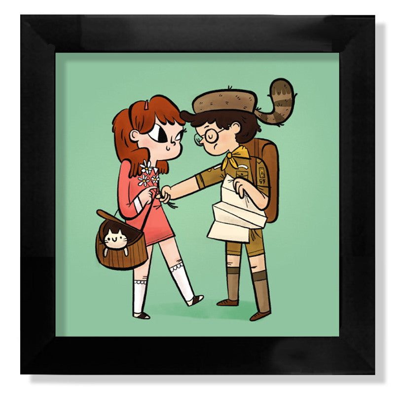 Lauren Greggs limited edition artwork showcases a cartoon girl in a pink dress with flowers, a boy scout with glasses and coonskin cap presenting a map, and a cat in her shoulder bag. The vibrant teal backdrop is enhanced by an archival pigment print.