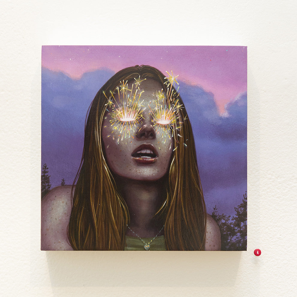 Casey Weldons stunning acrylic on wood painting features a woman with closed eyes and long hair, emitting bright fireworks. A purple-pink dusk sky and tree silhouettes complete the captivating scene, exhibited at Spoke Art Gallery.