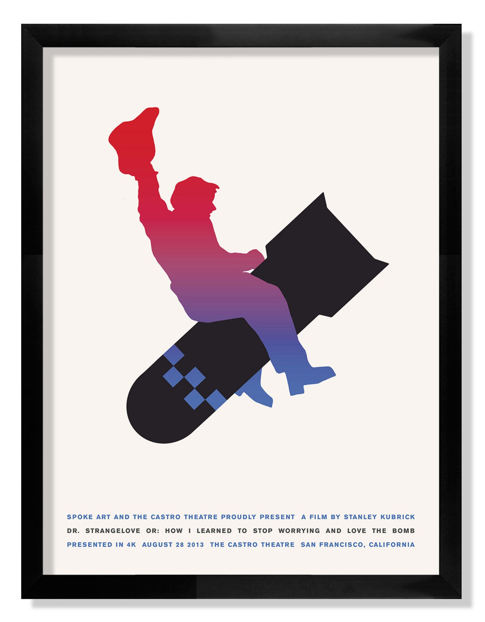 Silhouette of a person riding a bomb with an arm raised, wearing a cowboy hat against a gradient backdrop. This limited edition screen print by Sam Smith celebrates the iconic Dr. Strangelove screening details at the Castro Theatre, San Francisco.