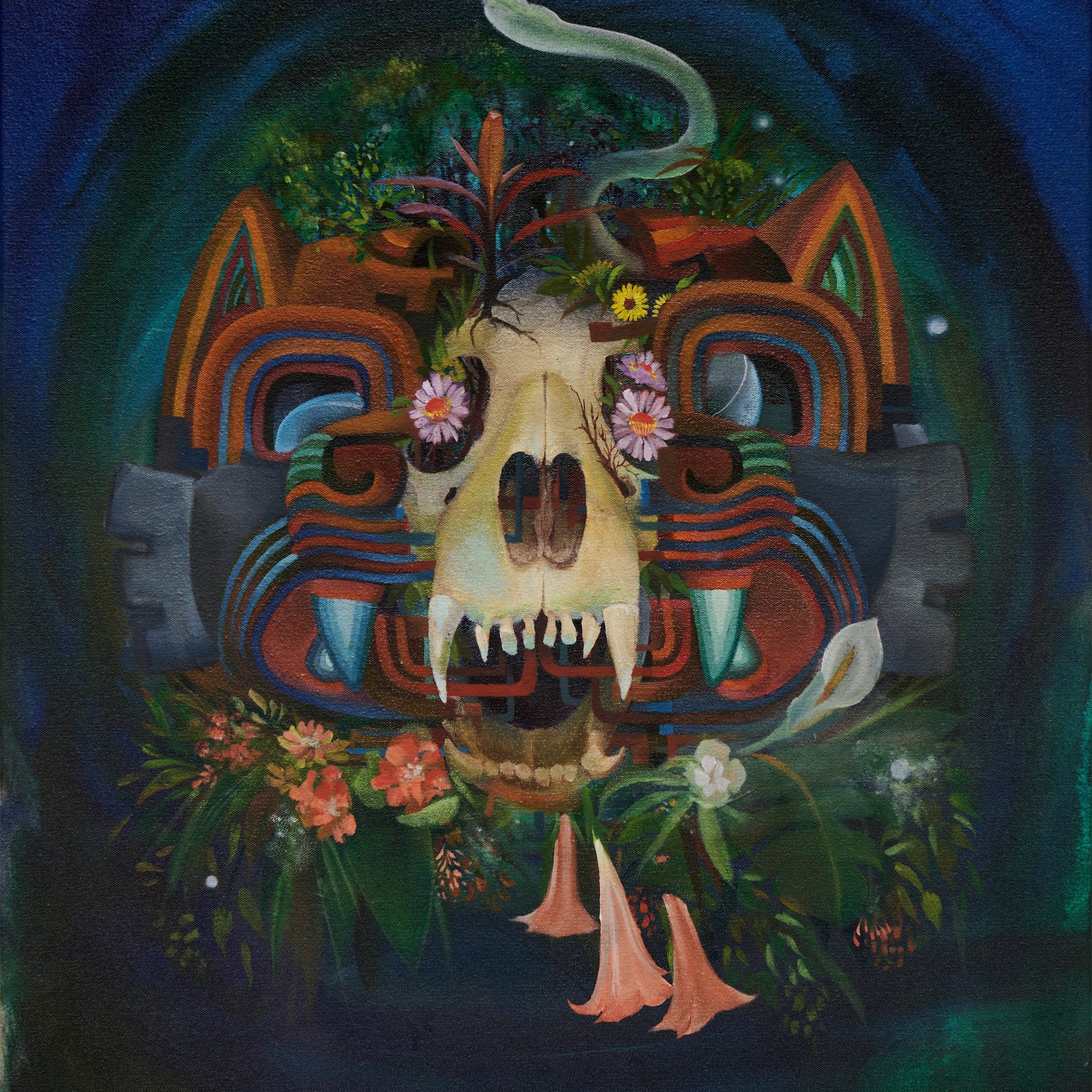 jaguar skull surrounded by foliage, floating on blue and green gradient background