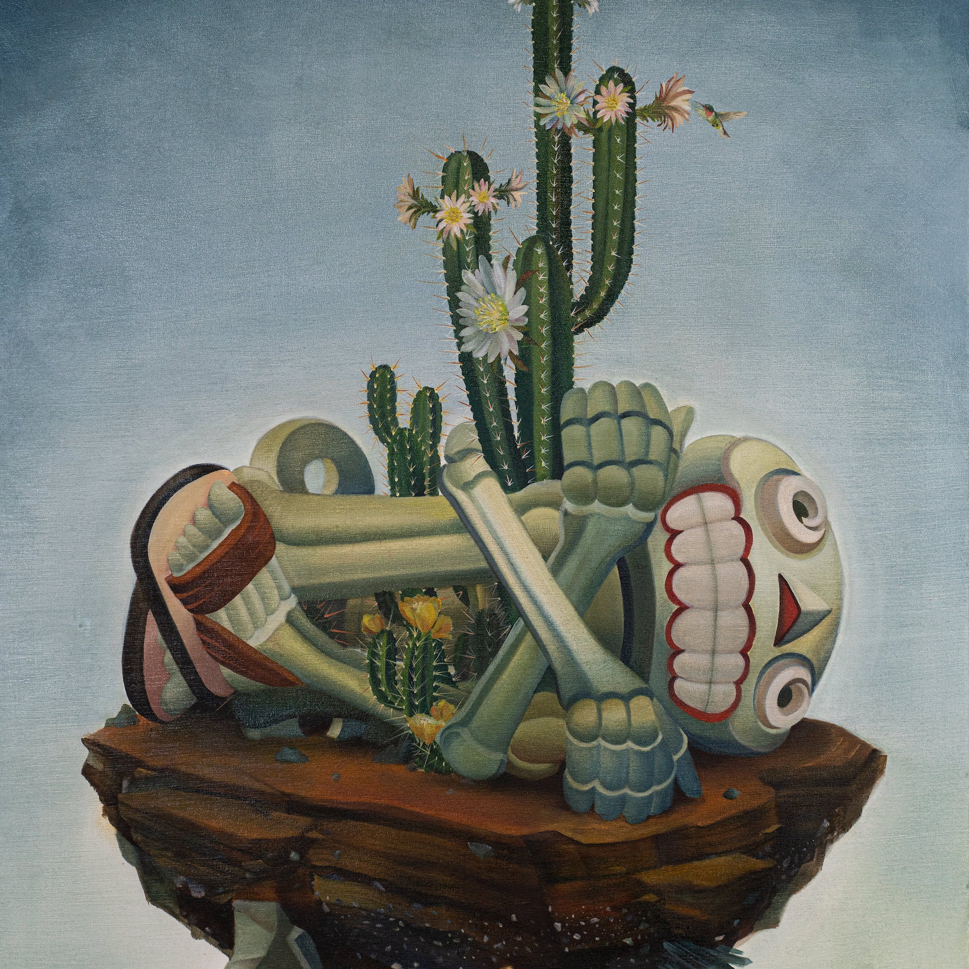 skeleton figure laying in fetal position on floating patch of earth with cacti, bluish background